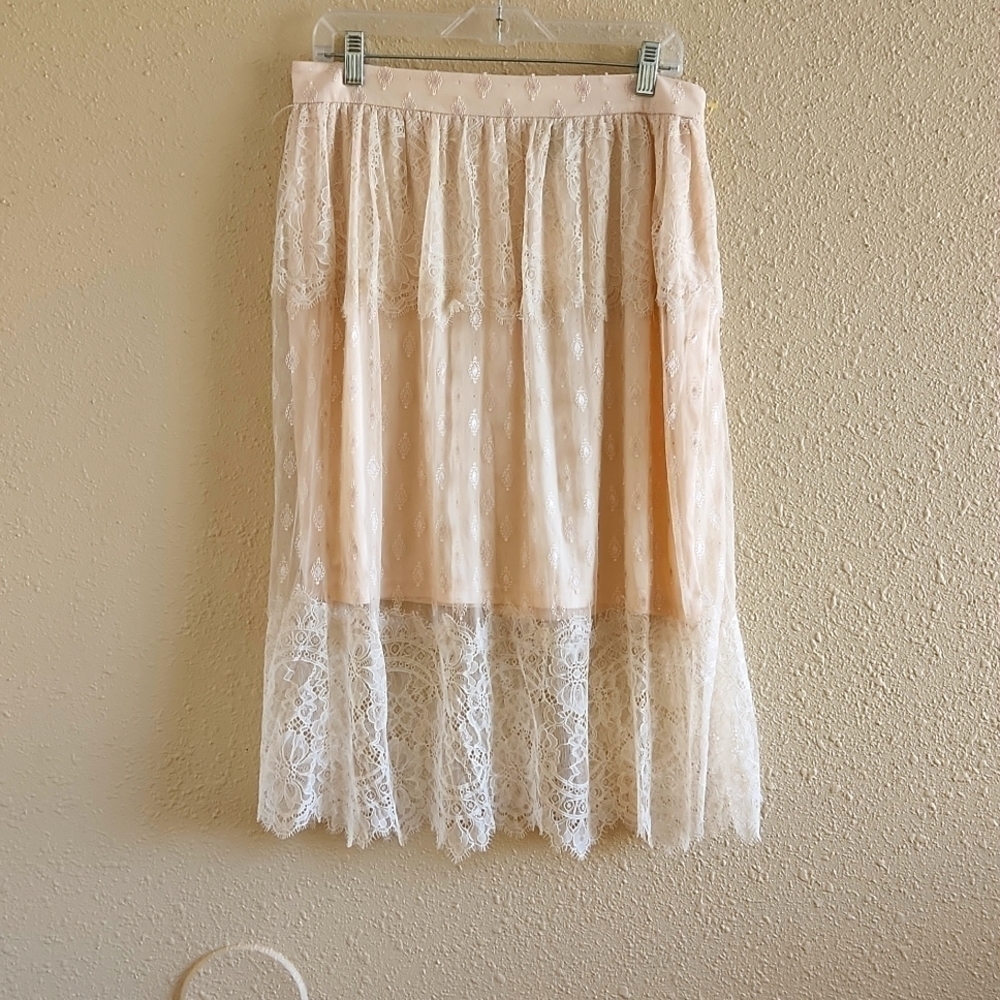 Lace Overlay Midi Skirt in Blush